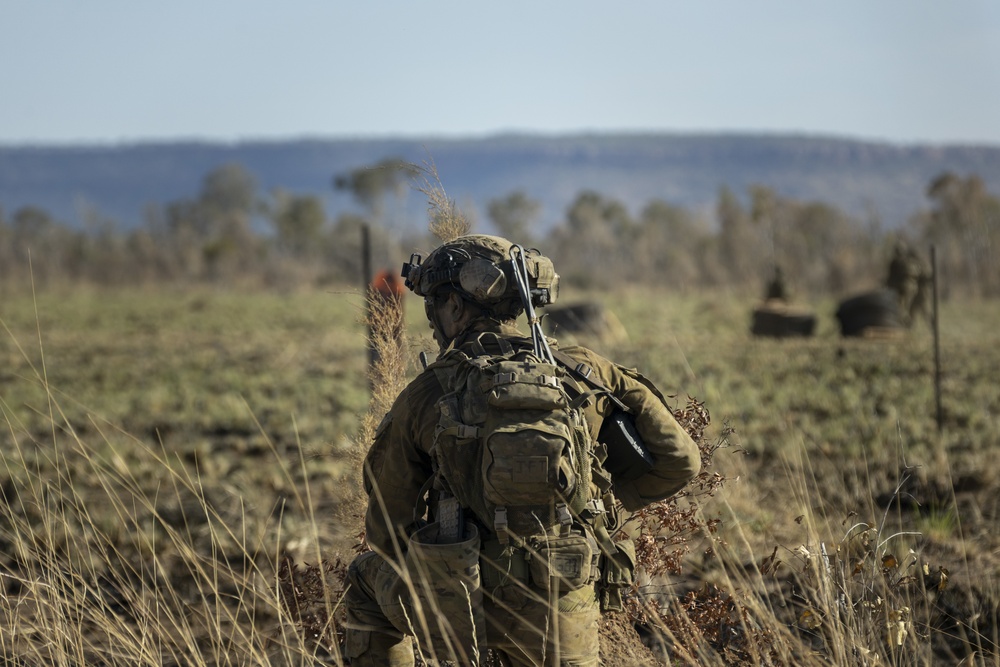 U.S. Marines and Australian Army Soldiers call in close air support during Exercise Koolendong