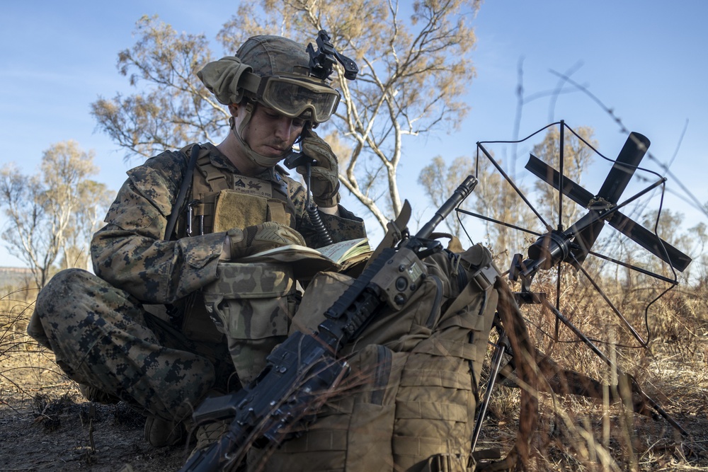 U.S. Marines and Australian Army Soldiers call in close air support during Exercise Koolendong