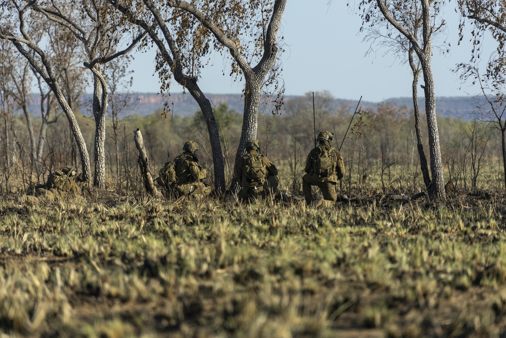 U.S. Marines and Australian Army Soldiers call in close air support during Exercise Koolendong