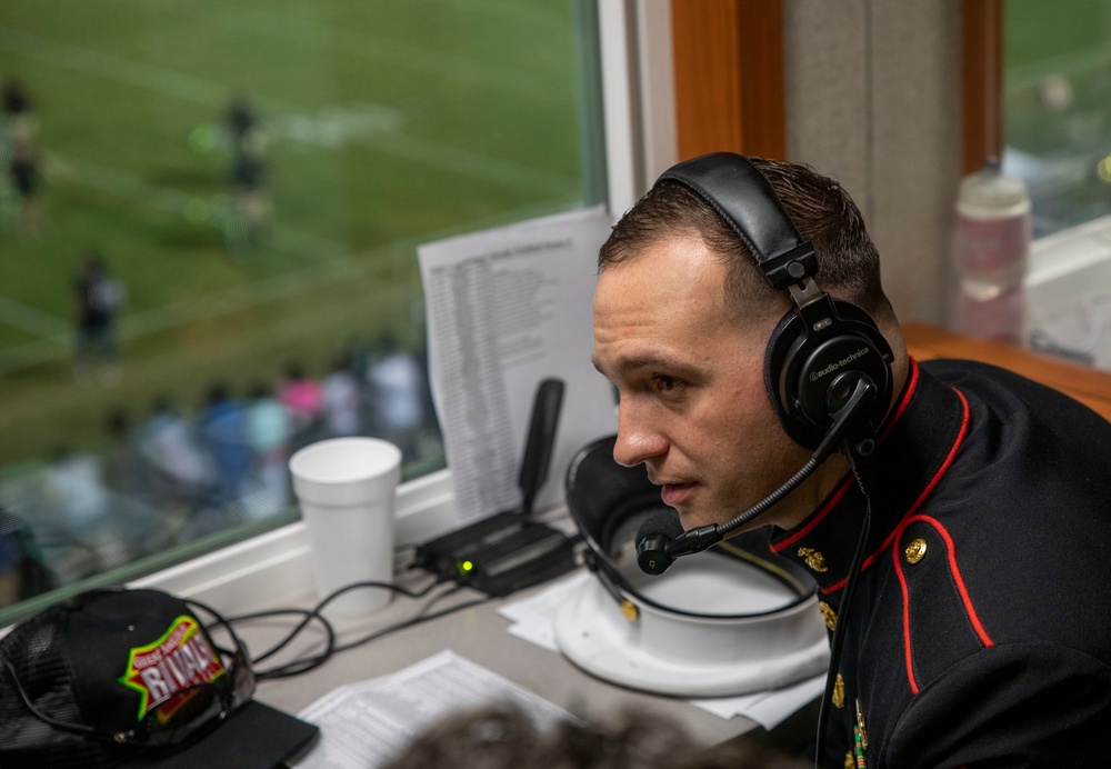 Marine recruiter interviewed during Great American Rivalry Series