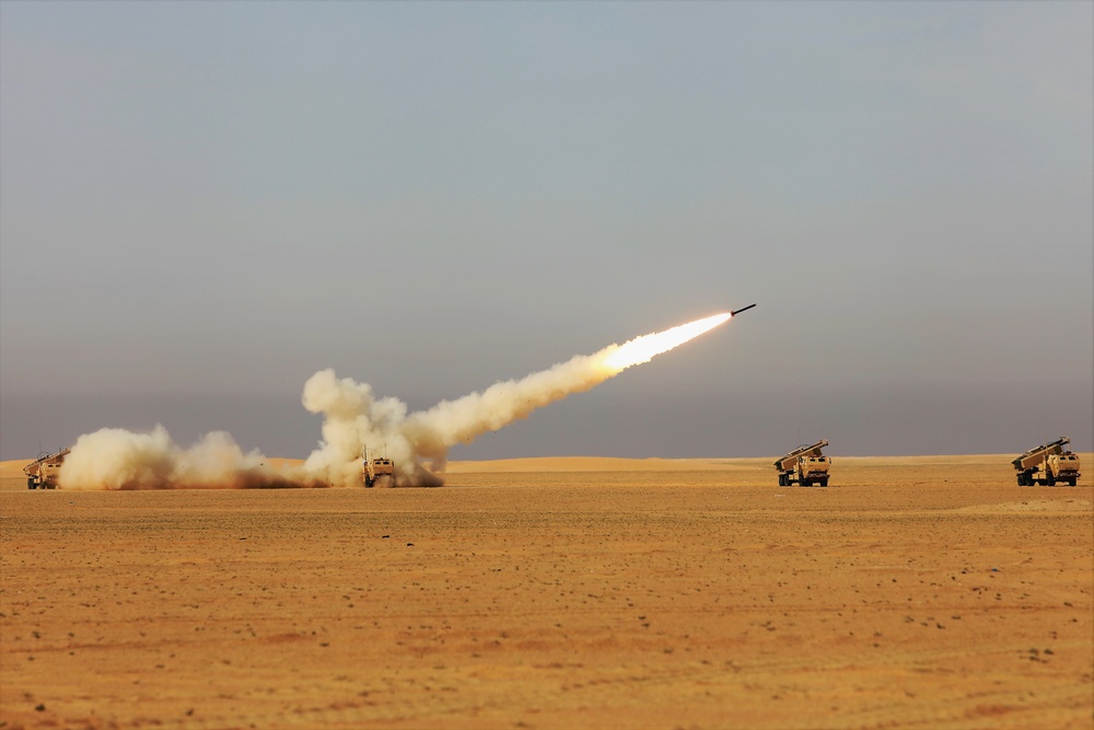 High Mobility Artillery Rocket System firing
