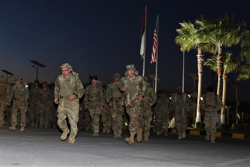 Members of the 130th Field Artillery Brigade begin the Norwegian Foot March