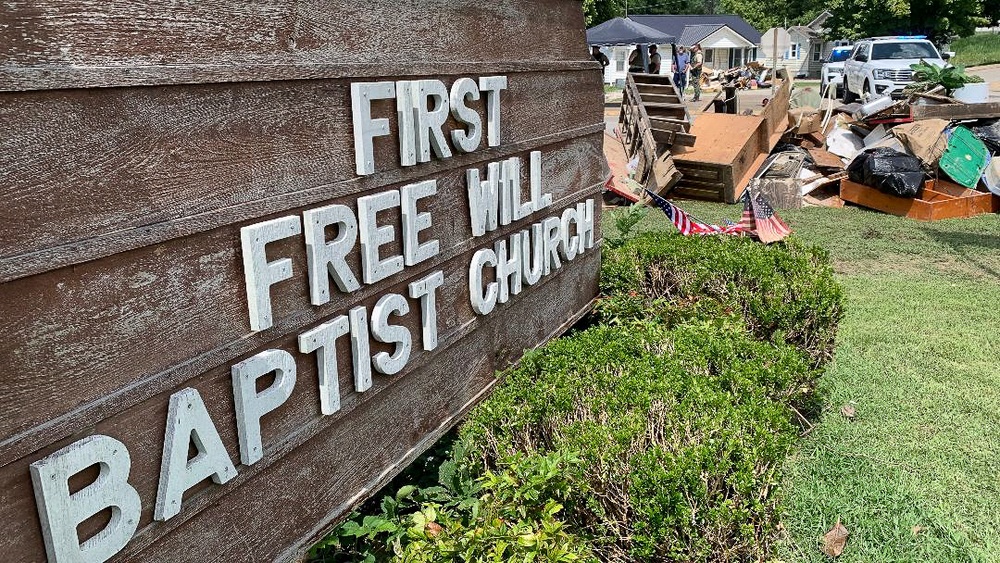 Debris Stacked From Church Damaged by Flooding