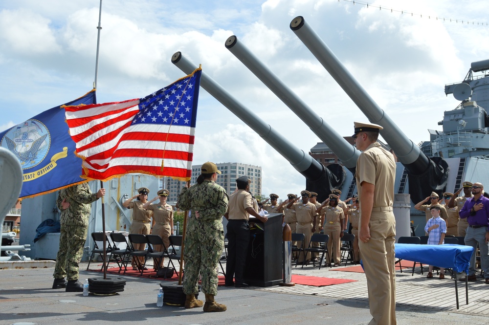 National Anthem is performed aboard the Battleship Wisconsin