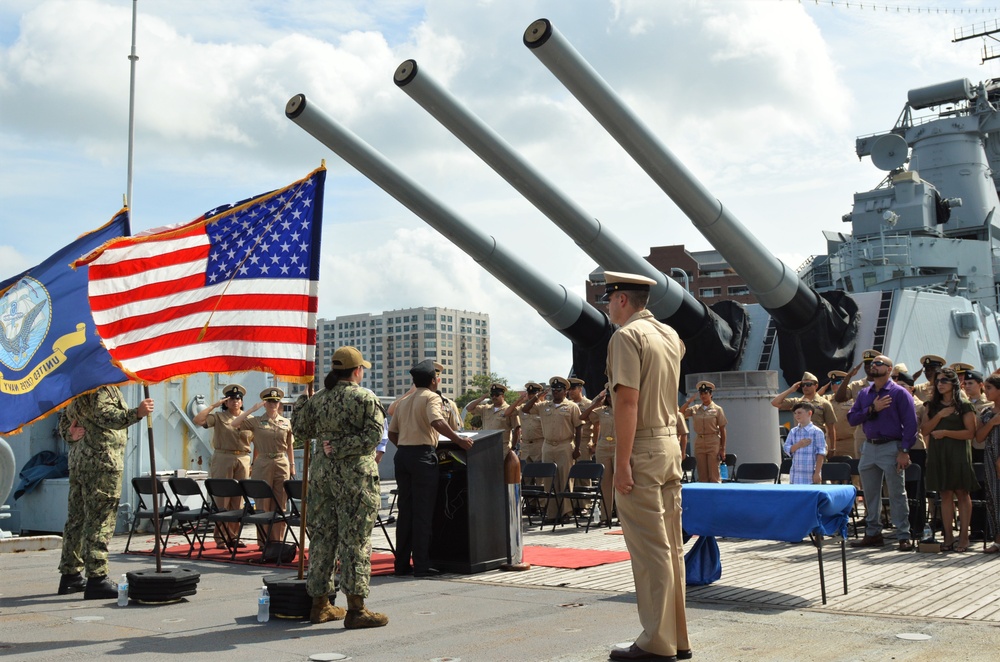 National Anthem is performed aboard the Battleship Wisconsin