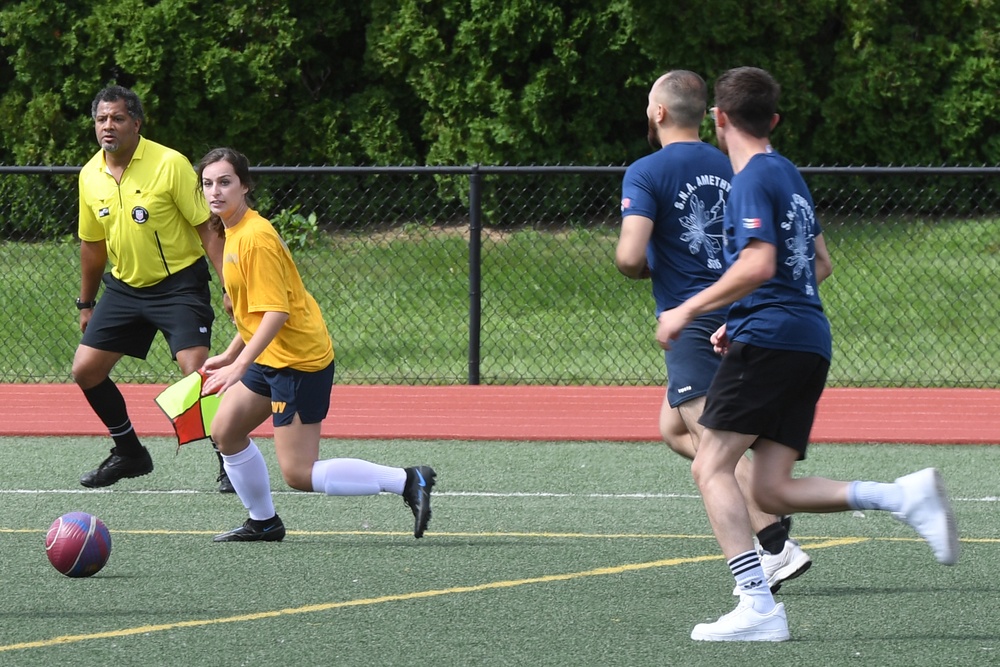 French, American submariners play soccer during FNS Améthyste port visit in Groton