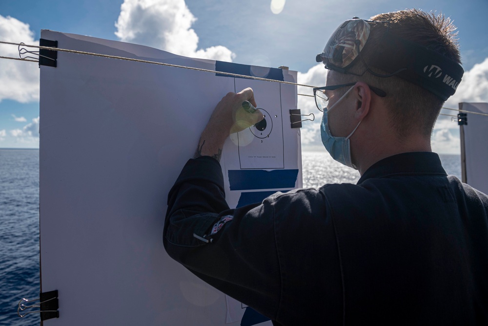 Sailors assigned to the forward deployed amphibious assault ship USS America participate in a fueling-at-sea.