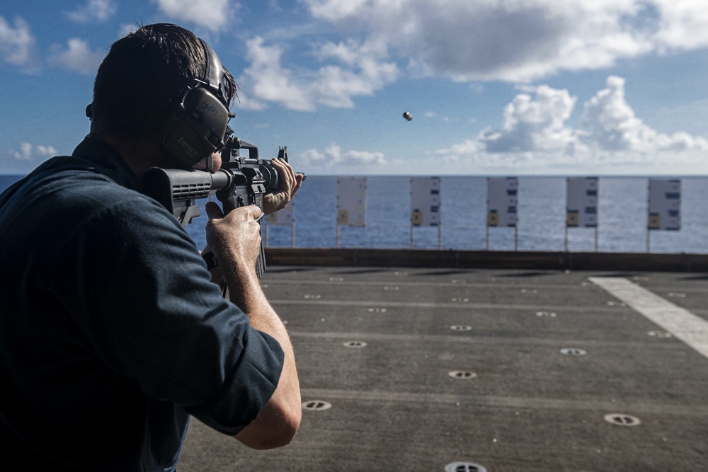 Sailors assigned to the forward deployed amphibious assault ship USS America participate in a fueling-at-sea.