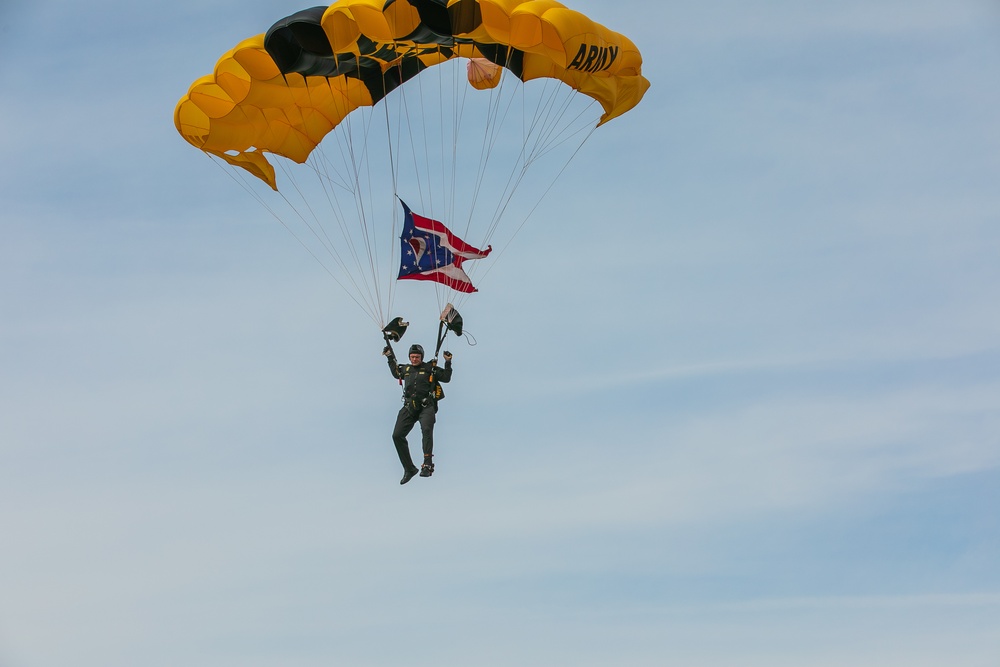 US Army Parachute Team Soldier makes jump into the Cleveland Airshow