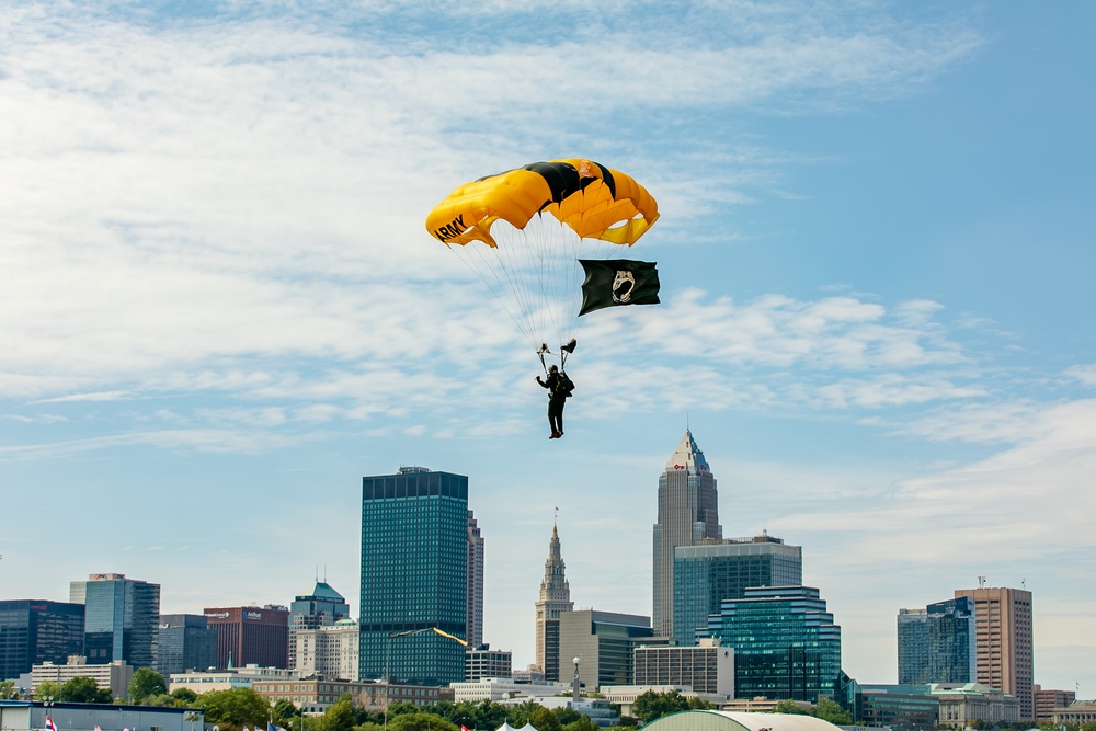 US Army Parachute Team Soldier makes jump into the Cleveland Airshow