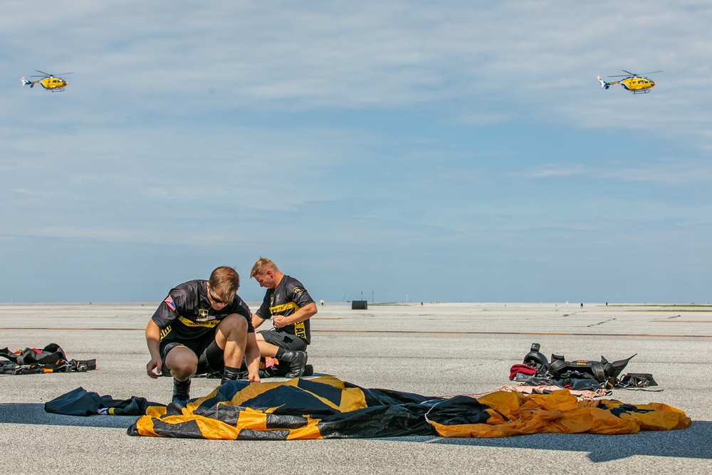 US Army Parachute Team Soldier packs parachute at the Cleveland Airshow