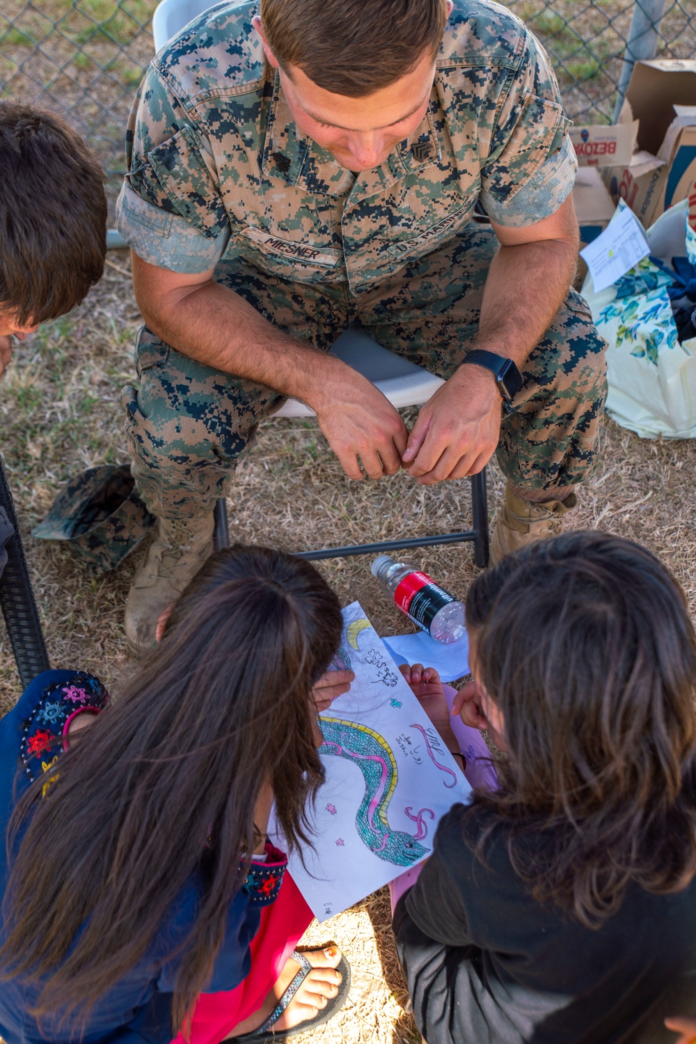 Marines interact with Afghanistan Evacuees at NAVSTA Rota