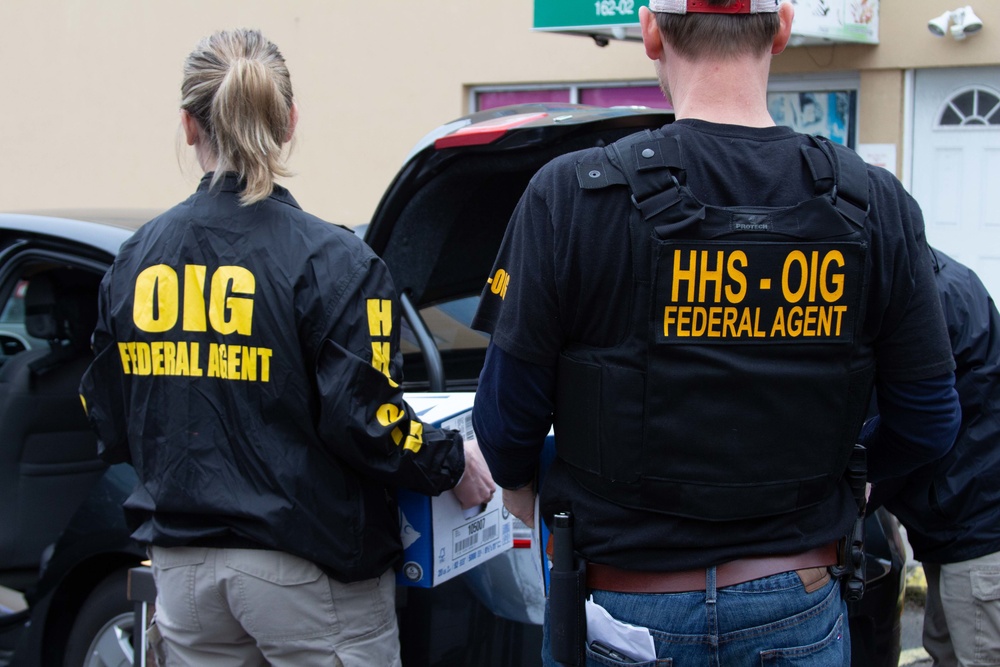 Federal agents from the U.S. Dept. of Health and Human Services Office of Inspector General (HHS OIG) perform arrest and search warrant operations. HHS OIG's investigations expect over $5 billion in recoveries in 2019.