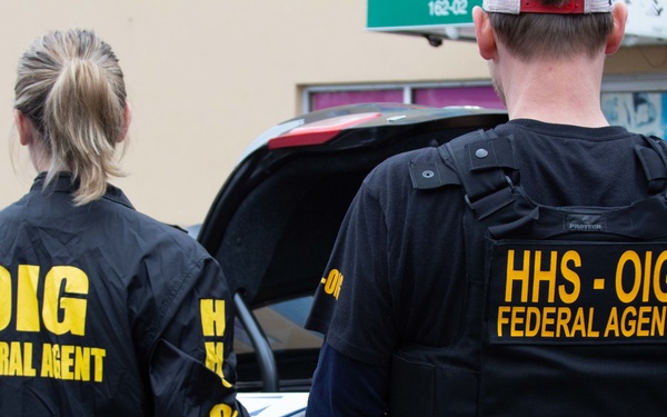 Federal agents from the U.S. Dept. of Health and Human Services Office of Inspector General (HHS OIG) perform arrest and search warrant operations. HHS OIG's investigations expect over $5 billion in recoveries in 2019.