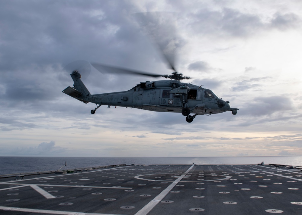 MH-60S Sea Hawk takes off flight deck of USS Jackson (LCS 6)