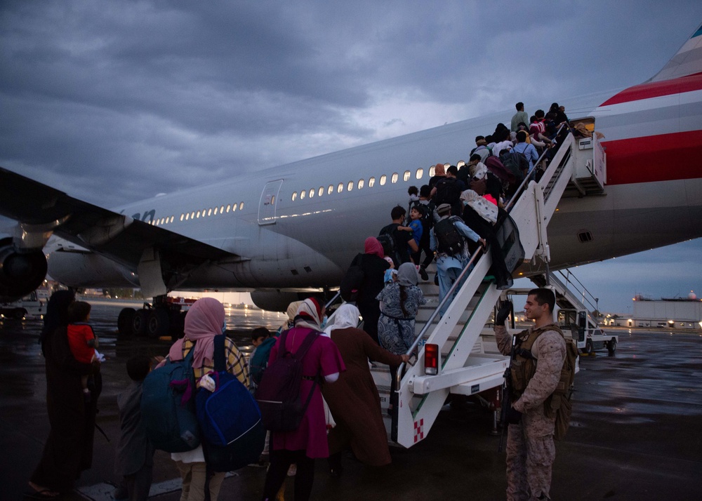 Evacuees from Afghanistan Depart NAS Sigonella for United States