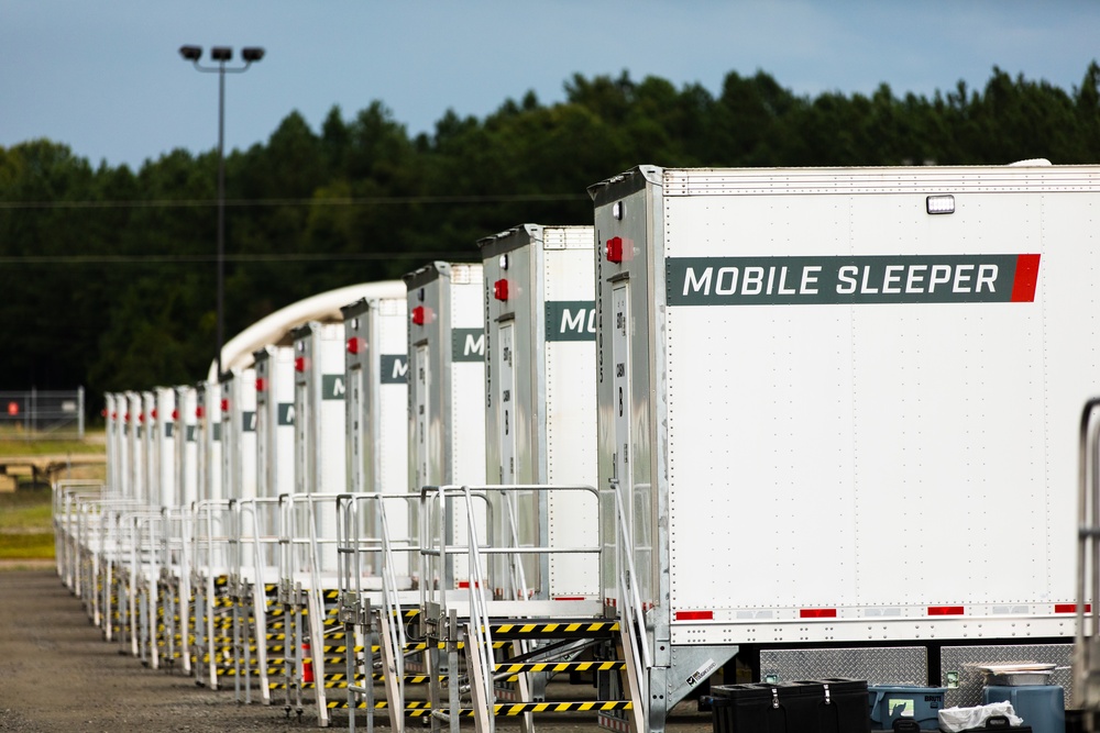 Contract Workers Finish Setting Up Trailers for Afghan Personnel at Fort Pickett, Virginia.