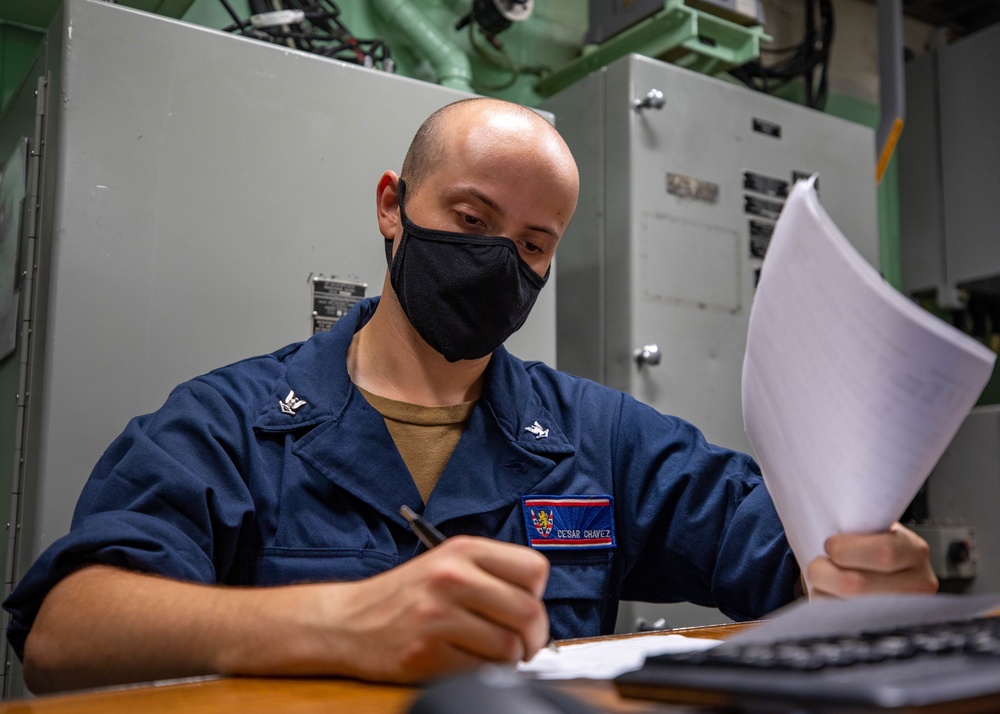ET3 Cesar Chavez conducts Equipment Validations aboard the USS Barry