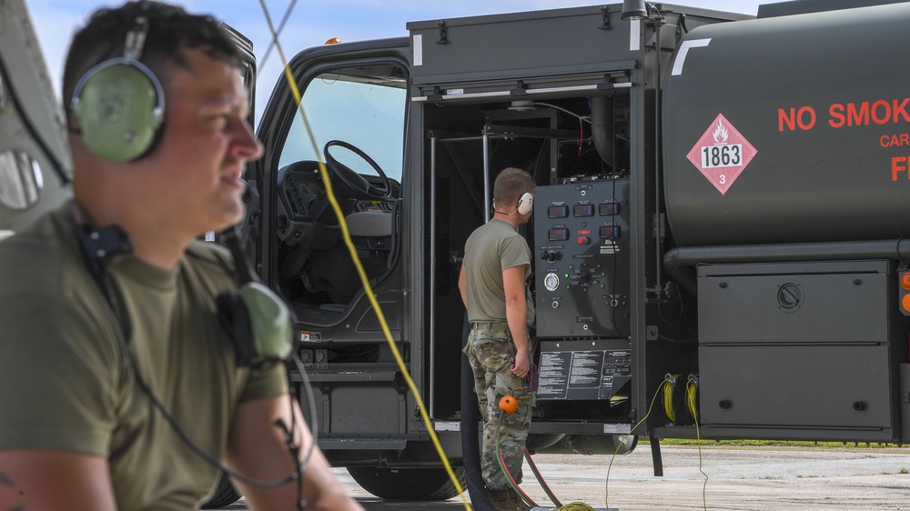 Airmen perform checks and fuels B-52