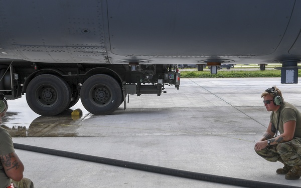 Airmen perform checks and fuels B-52