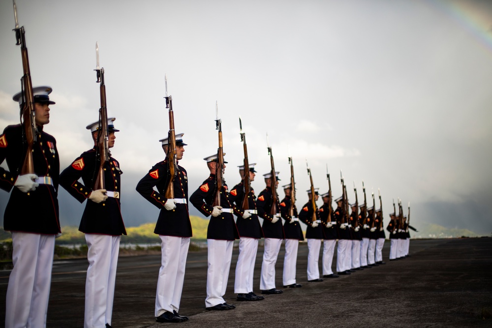 The U.S. Marine Corps Silent Drill Platoon rehearses aboard Marine Corps Base Hawaii