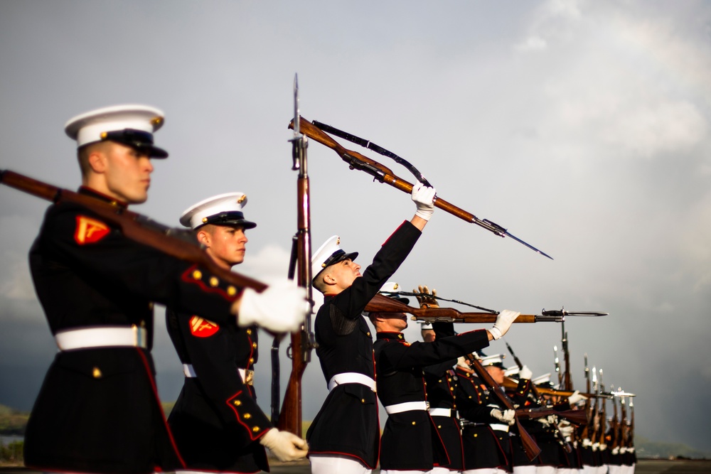 The U.S. Marine Corps Silent Drill Platoon rehearses aboard Marine Corps Base Hawaii