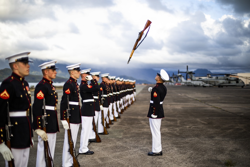 The U.S. Marine Corps Silent Drill Platoon rehearses aboard Marine Corps Base Hawaii