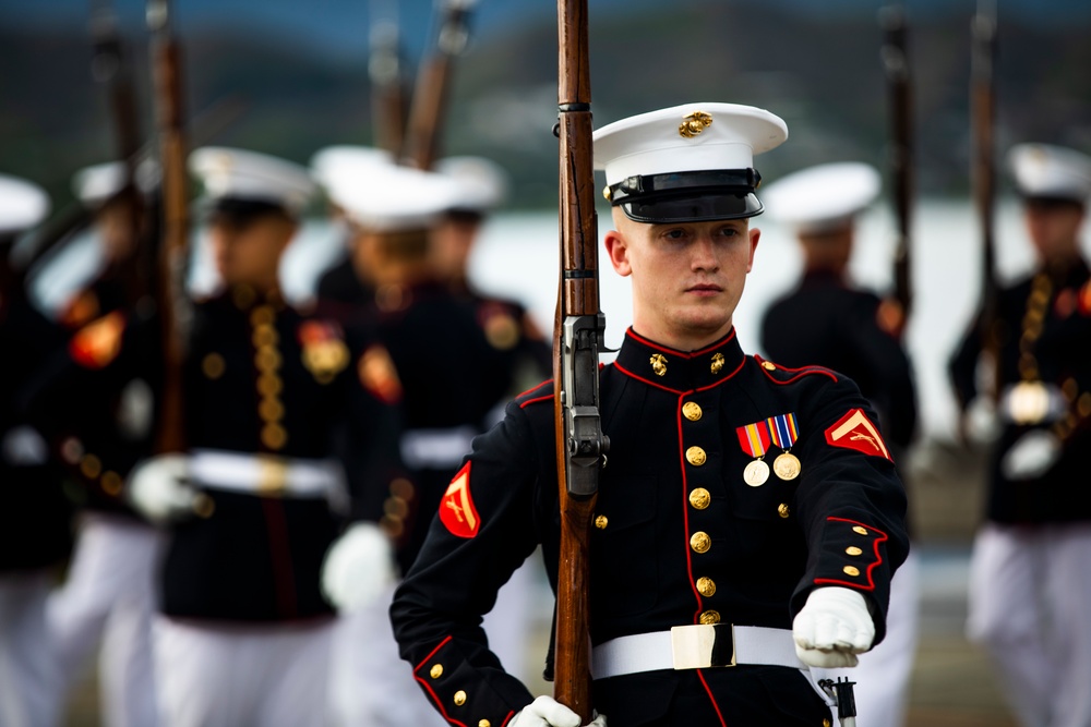 The U.S. Marine Corps Silent Drill Platoon rehearses aboard Marine Corps Base Hawaii