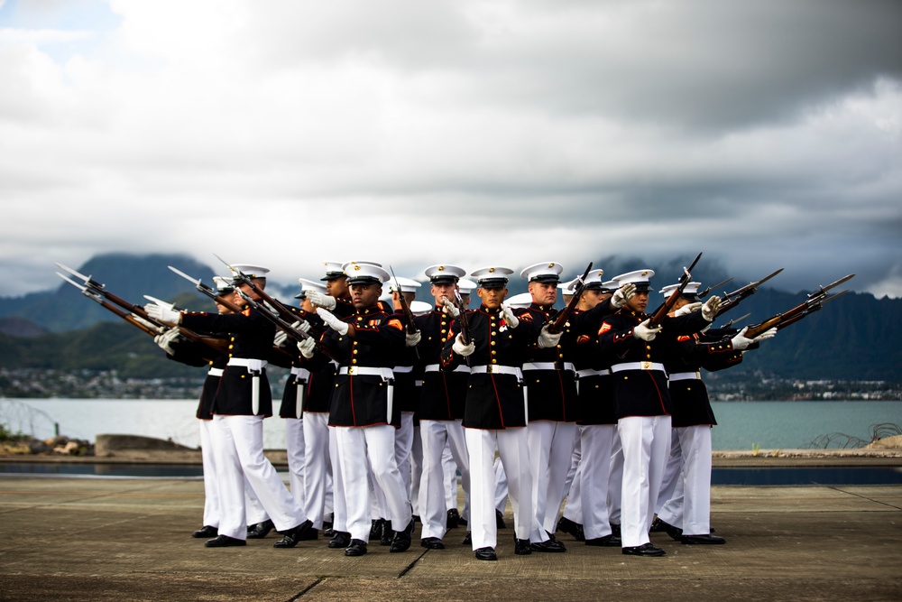 The U.S. Marine Corps Silent Drill Platoon rehearses aboard Marine Corps Base Hawaii