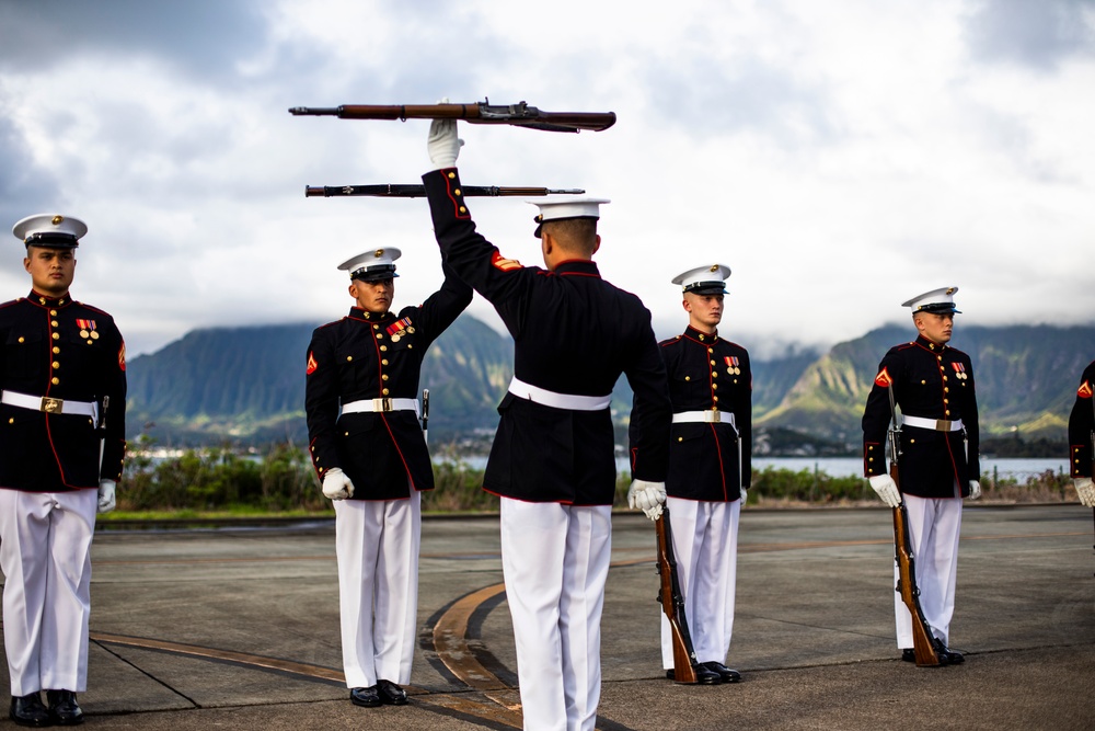 The U.S. Marine Corps Silent Drill Platoon rehearses aboard Marine Corps Base Hawaii