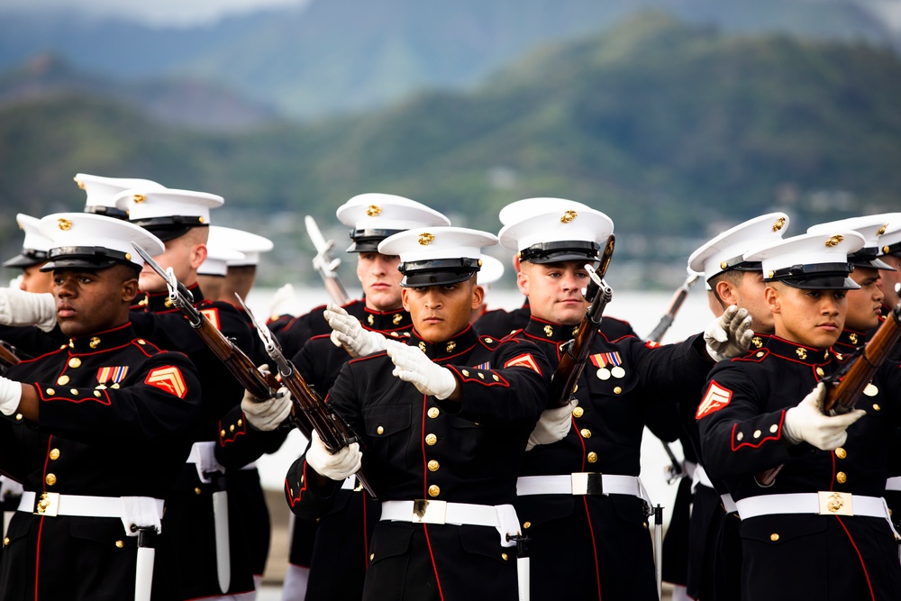 The U.S. Marine Corps Silent Drill Platoon rehearses aboard Marine Corps Base Hawaii