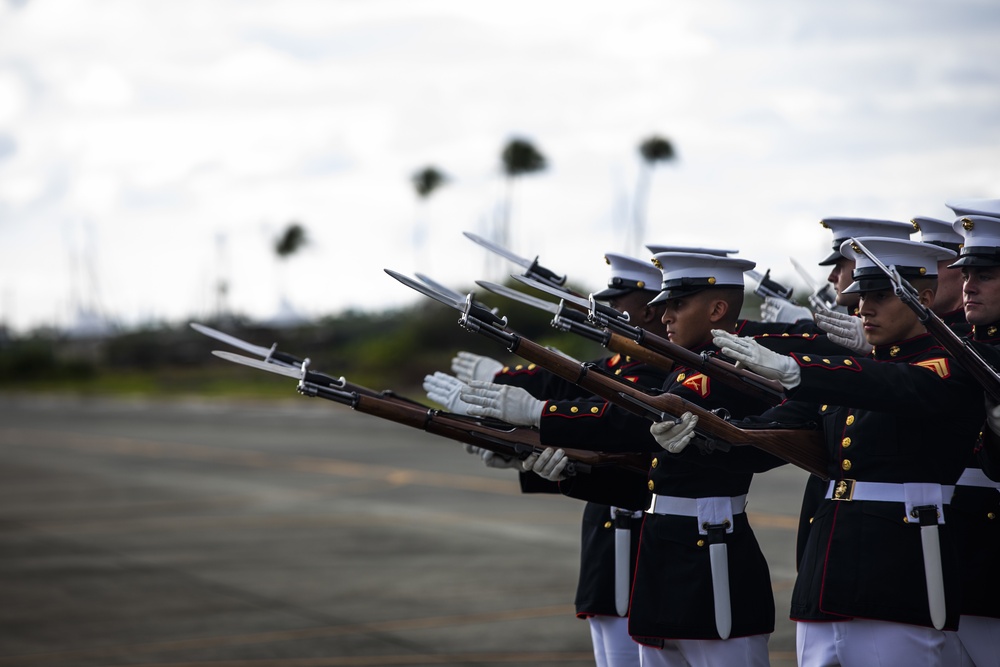 The U.S. Marine Corps Silent Drill Platoon rehearses aboard Marine Corps Base Hawaii