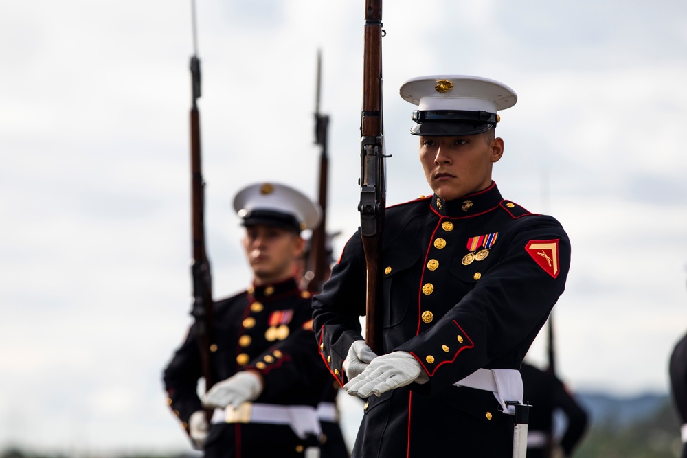 The U.S. Marine Corps Silent Drill Platoon rehearses aboard Marine Corps Base Hawaii