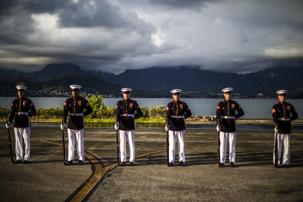 The U.S. Marine Corps Silent Drill Platoon rehearses aboard Marine Corps Base Hawaii