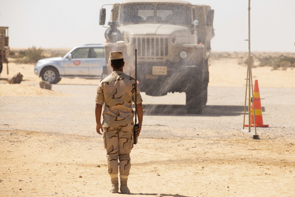 U.S. Army Soldiers partner with Jordanian and Egyptian CBRN specialists to execute the stages of decontamination