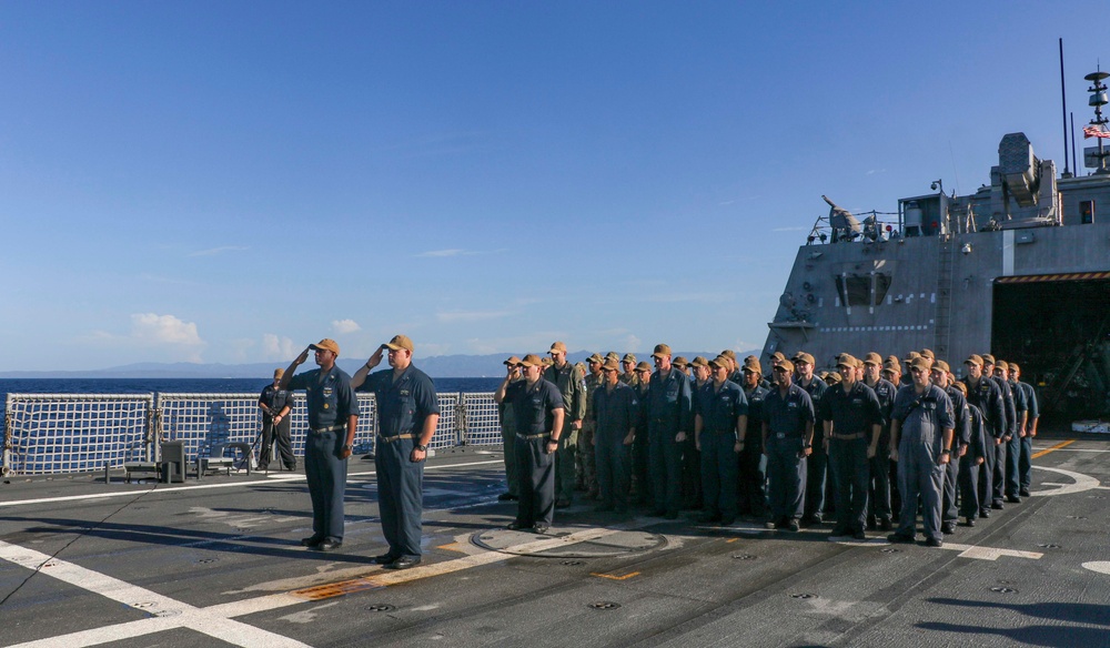 USS Billings Sailors Gather on the Flight Deck for a 9/11 Remembrance Ceremony