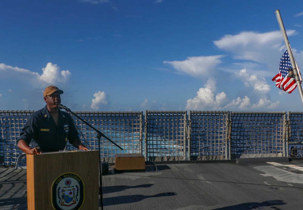 USS Billings Command Senior Chief Gives Remarks to the Ship’s Crew During a 9/11 Remembrance Ceremony