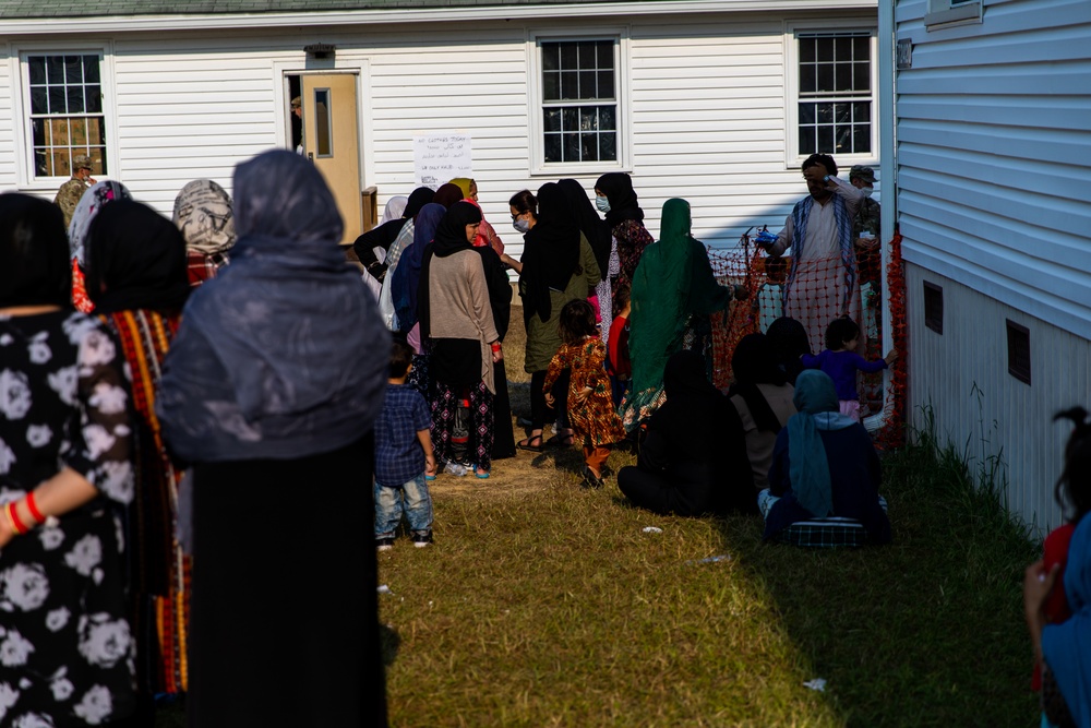 Afghan Personnel Wait in Line to Recieve Donations During Operation Allies Welcome at Fort Pickett, Virginia.