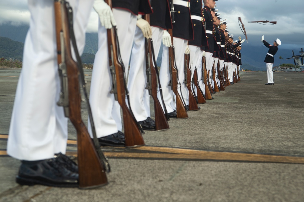 The U.S. Marine Corps Silent Drill Platoon rehearses aboard Marine Corps Base Hawaii