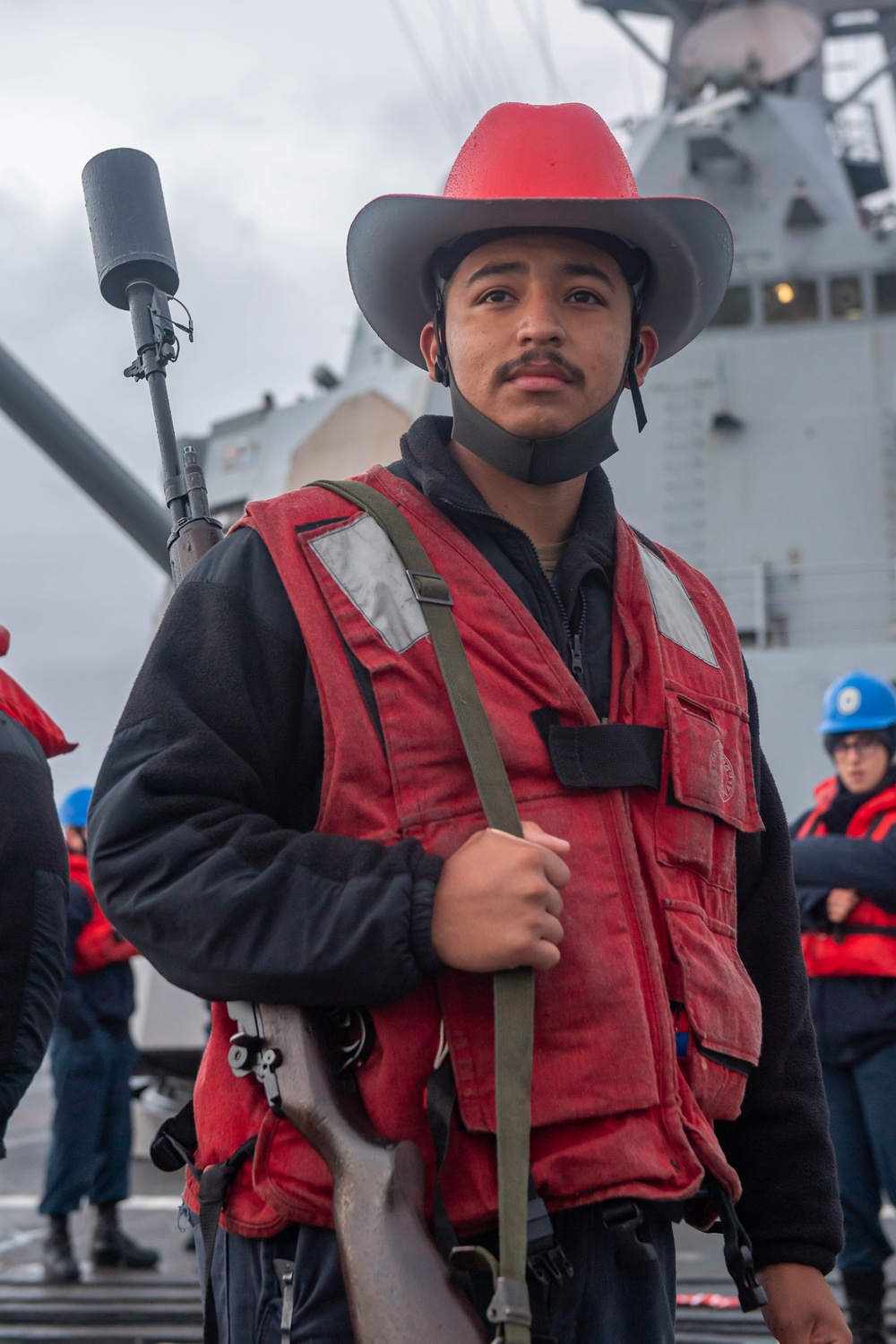 USS Mustin Sailor Stands by on the Foc’sle Ready to Fire Shot Line