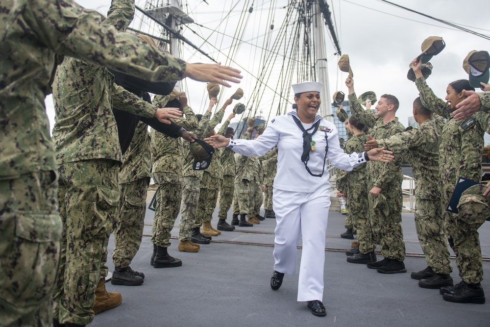 BM2 Medina bids farewell to the officers and crew of Constitution