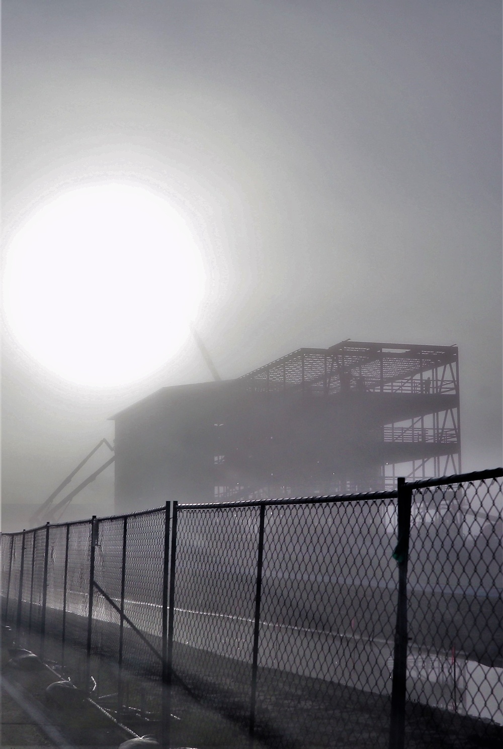 Foggy morning of barracks construction at Fort McCoy