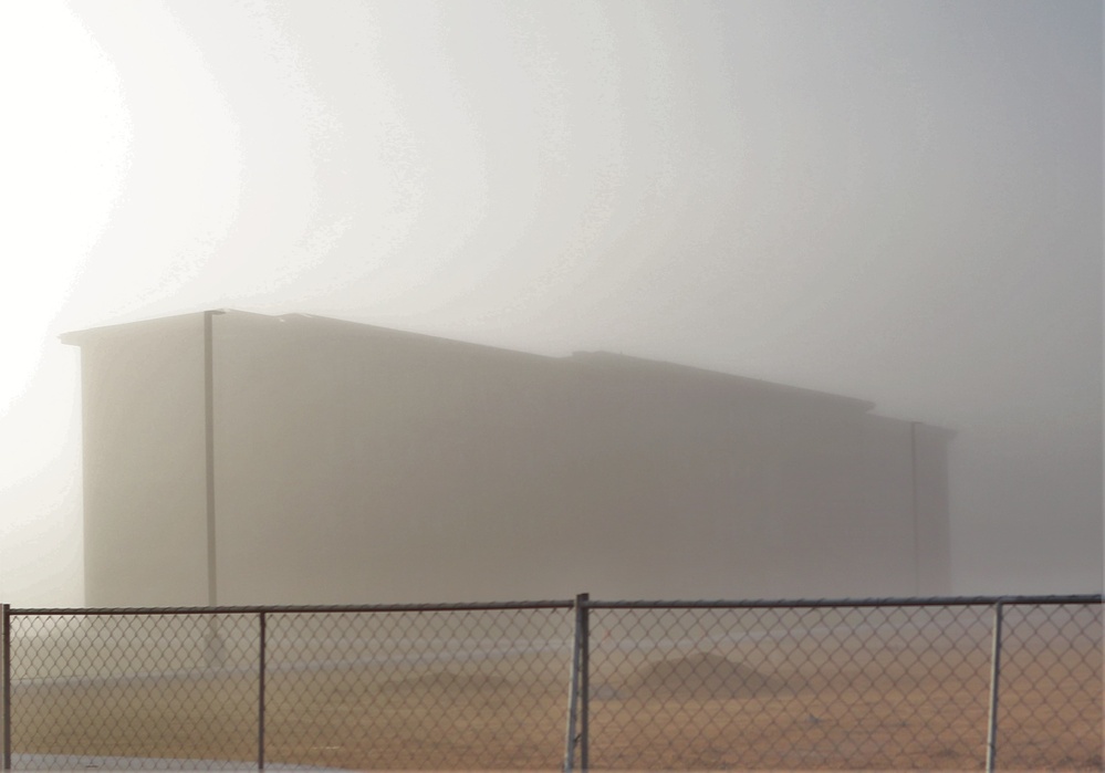 Foggy morning of barracks construction at Fort McCoy