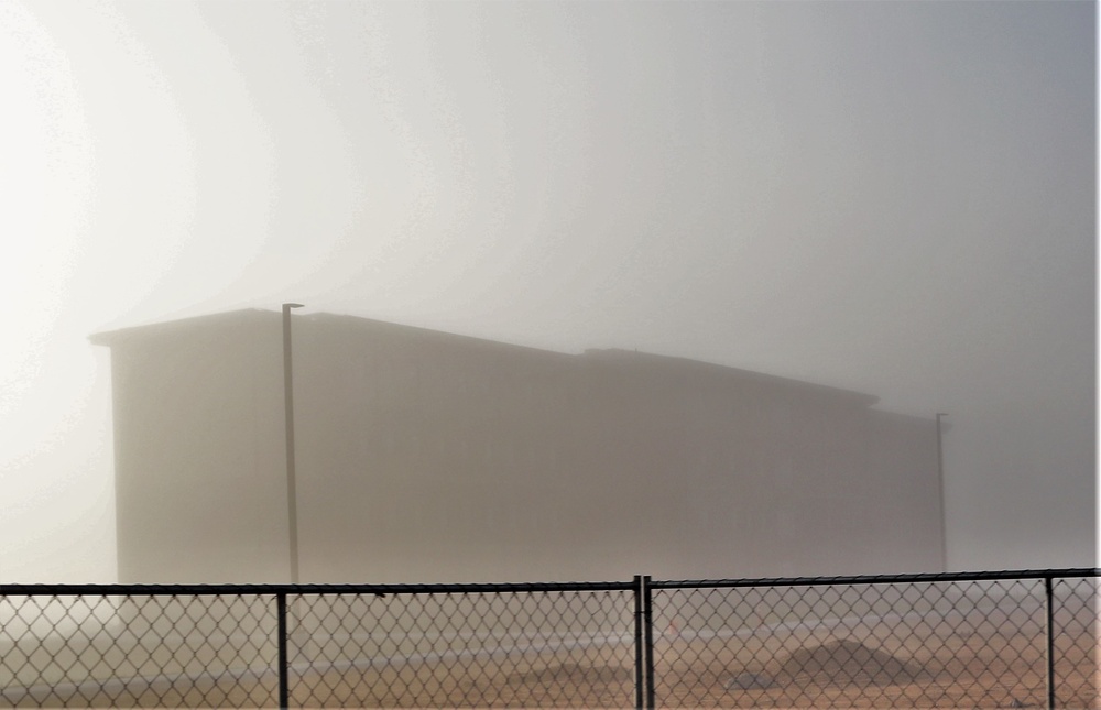 Foggy morning of barracks construction at Fort McCoy