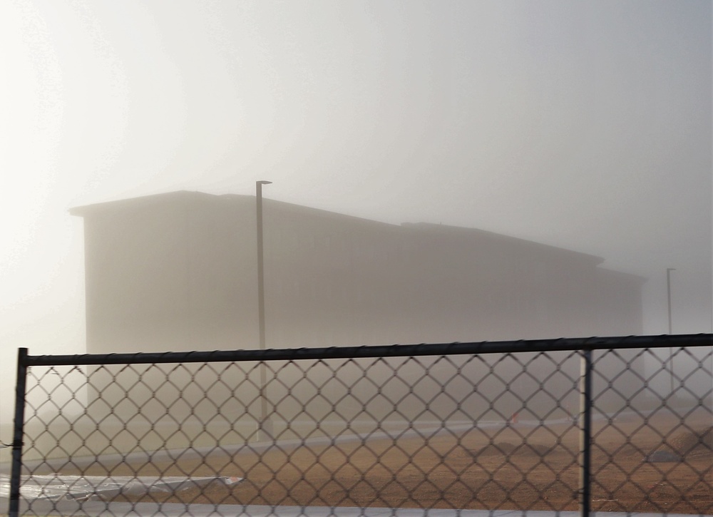 Foggy morning of barracks construction at Fort McCoy