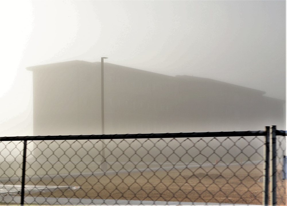 Foggy morning of barracks construction at Fort McCoy