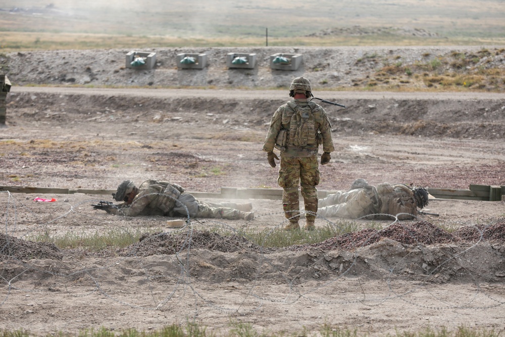 Dismounts throw simulated grenades into a trench