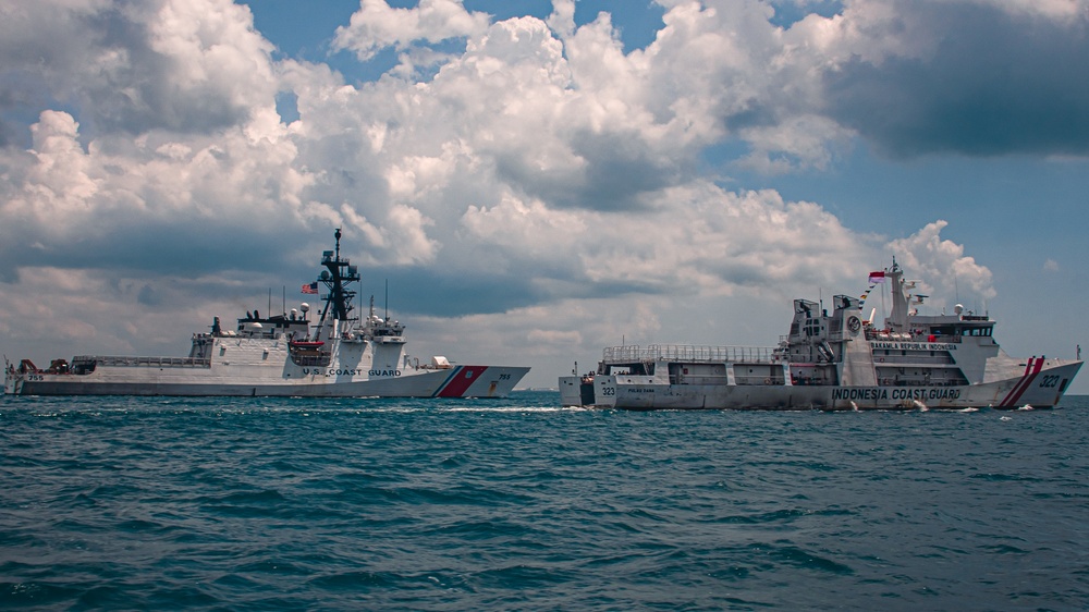 Coast Guard Cutter Munro participates in a maritime engagement with the Indonesian Coast Guard