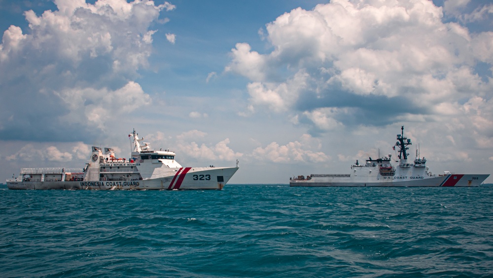 Coast Guard Cutter Munro participates in a maritime engagement with the Indonesian Coast Guard