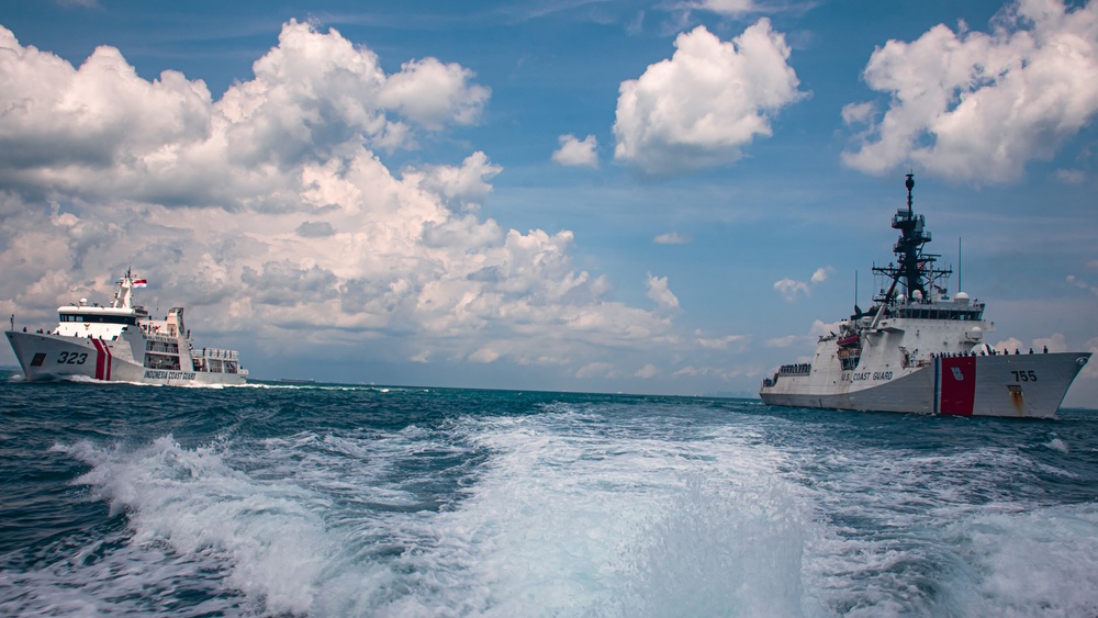 Coast Guard Cutter Munro participates in a maritime engagement with the Indonesian Coast Guard